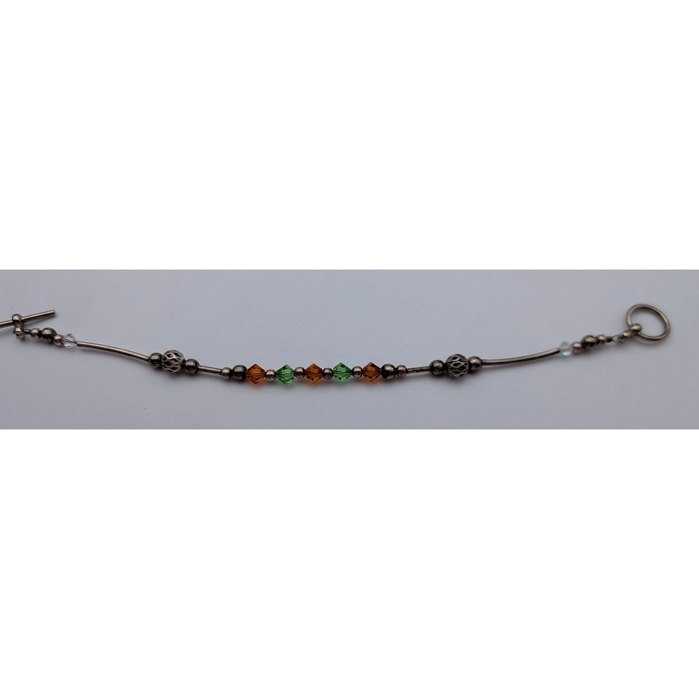 Silver Tone Bicone Bead Toggle Bracelet Green Amber Glass Earthy Boho 7.5 Inch